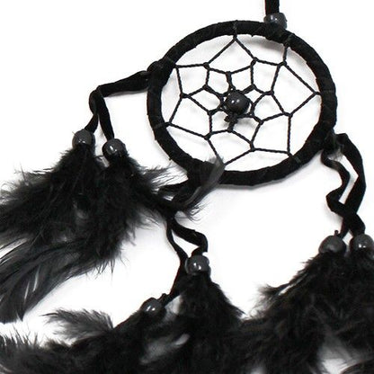 Alt Tag: Synthetic Suede Bali Dream Catcher – 22 CM black dreamcatcher with web, beads and black feathers, handcrafted Bali-inspired decor