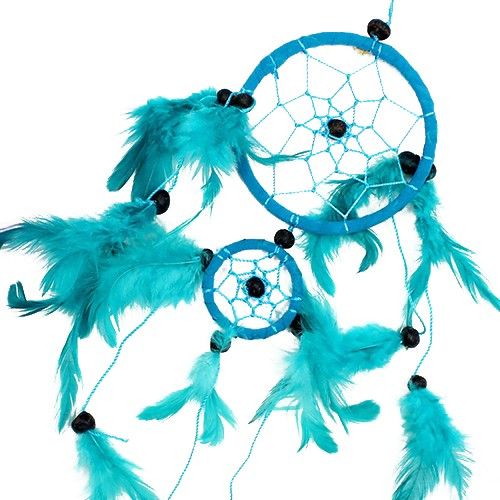 Alt Tag: Syntetisk mocka Bali Dream Catcher – Medium 10CM i turkos med två ringar, spindelnätsdesign, fjädrar och plastpärlor