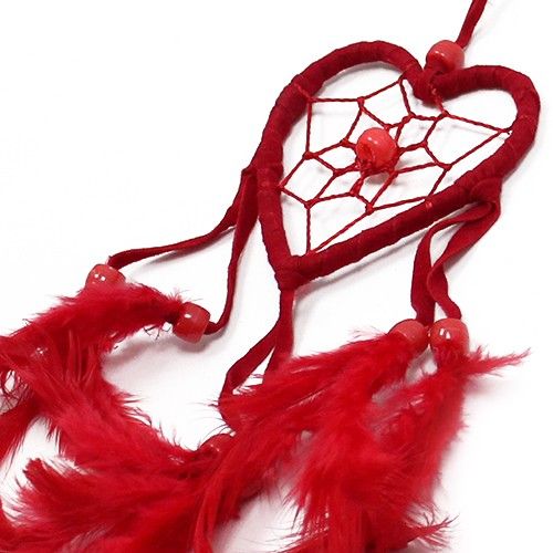 Alt Tag: Synthetic Suede Bali Dream Catcher – Small Heart 22 CM red heart-shaped dream catcher with feathers and plastic beads, handmade decor