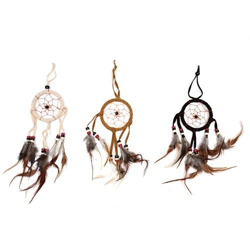 Synthetic Suede Bali Dream Catcher – Small Round 22x6.5 CM, handmade round dreamcatcher with feathers and beads, assorted colors