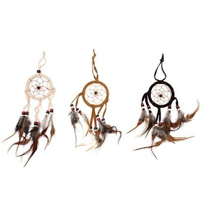 Synthetic Suede Bali Dream Catcher – Small Round 22x6.5 CM, handmade round dreamcatcher with feathers and beads, assorted colors