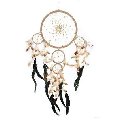 Alt Tag: Synthetic Suede Bali Dream Catcher – XL Round 115CM con aro redondo, cuentas de madera y plumas colgantes en tonos naturales