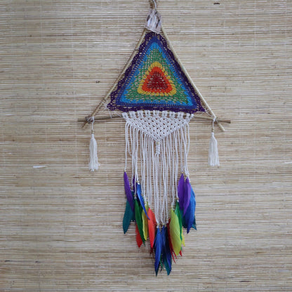 Alt Tag: Synthetic Suede Dream Catcher – Large Multi Pyramid with rainbow triangle weave, macrame fringe and multicolor feathers