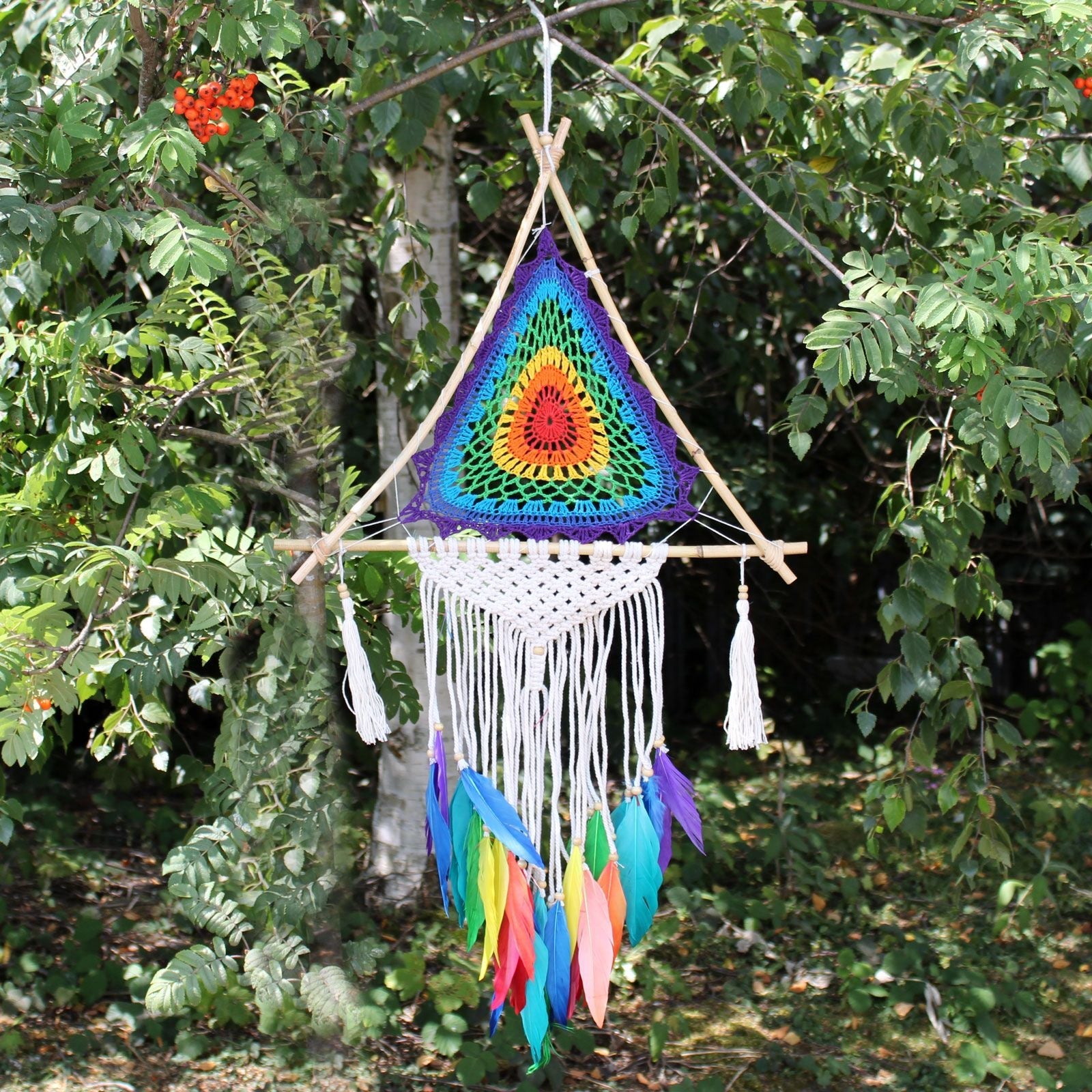 Synthetic Suede Dream Catcher – Large Multi Pyramid hanging wall decor, rainbow crochet triangle with tassels and colorful feathers