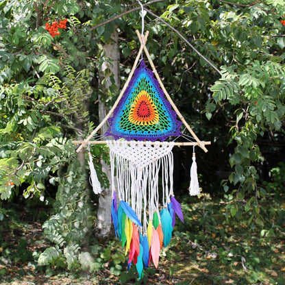 Synthetic Suede Dream Catcher – Large Multi Pyramid hanging wall decor, rainbow crochet triangle with tassels and colorful feathers