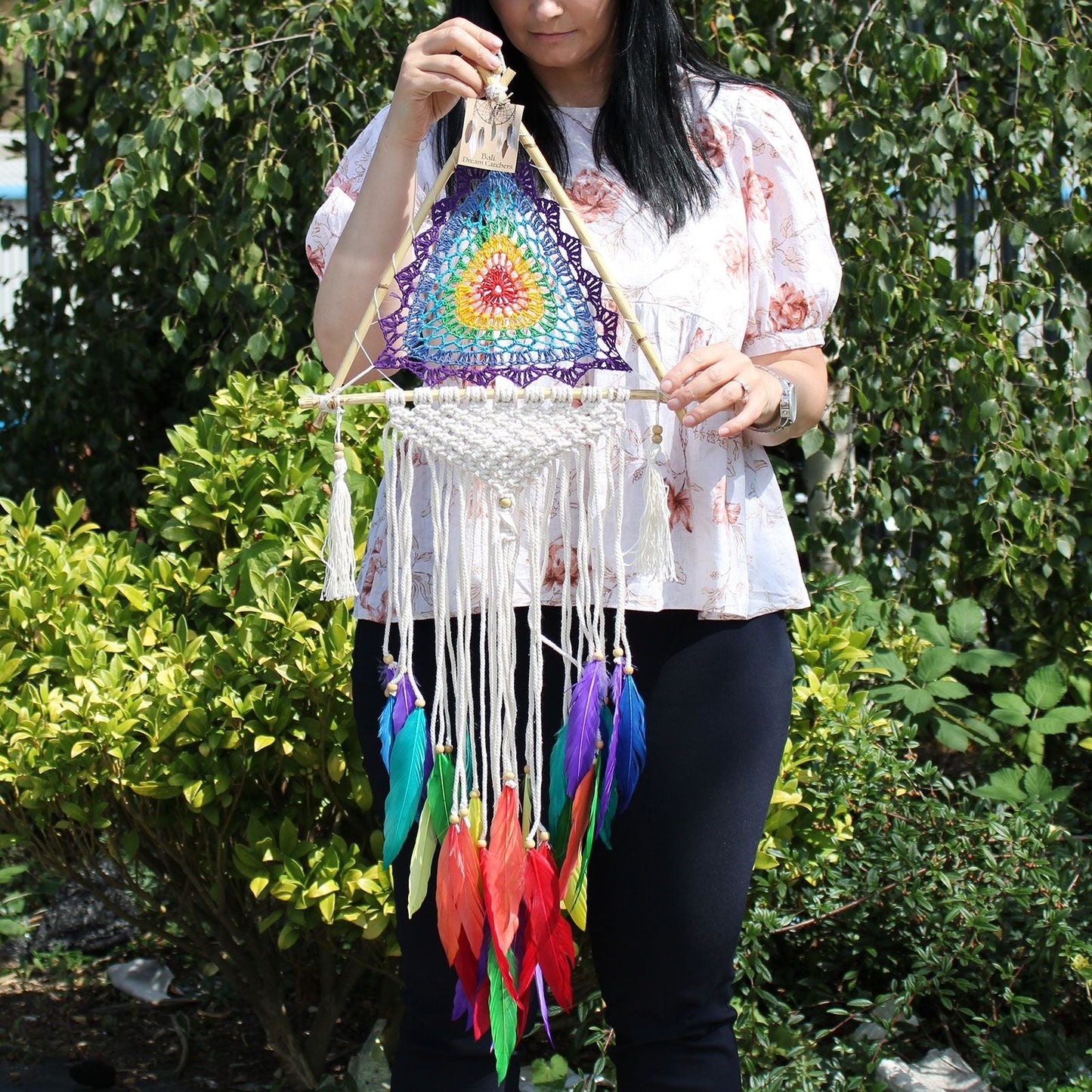 Synthetic Suede Pyramid Dream Catcher – 90 CM multicolor mandala wall hanging with feathers and wooden beads, 90 cm