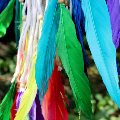 Synthetic Suede Pyramid Dream Catcher – 90 CM with colorful feathers and wooden beads, close-up hanging decor
