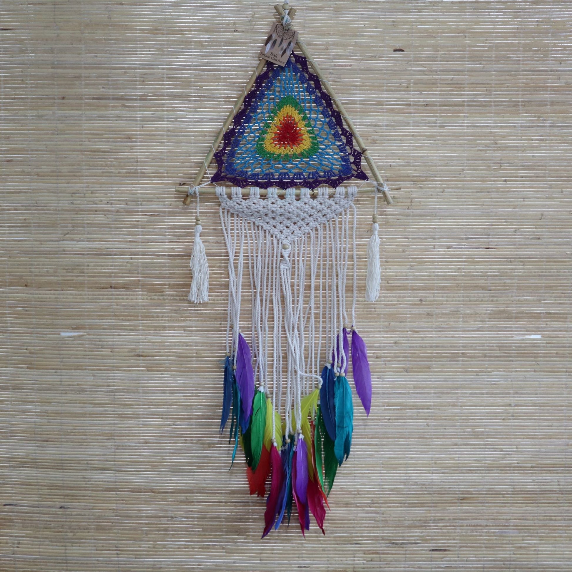 Synthetic Suede Pyramid Dream Catcher – 90 CM triangle crochet wall hanging with multicolor feathers and wooden beads