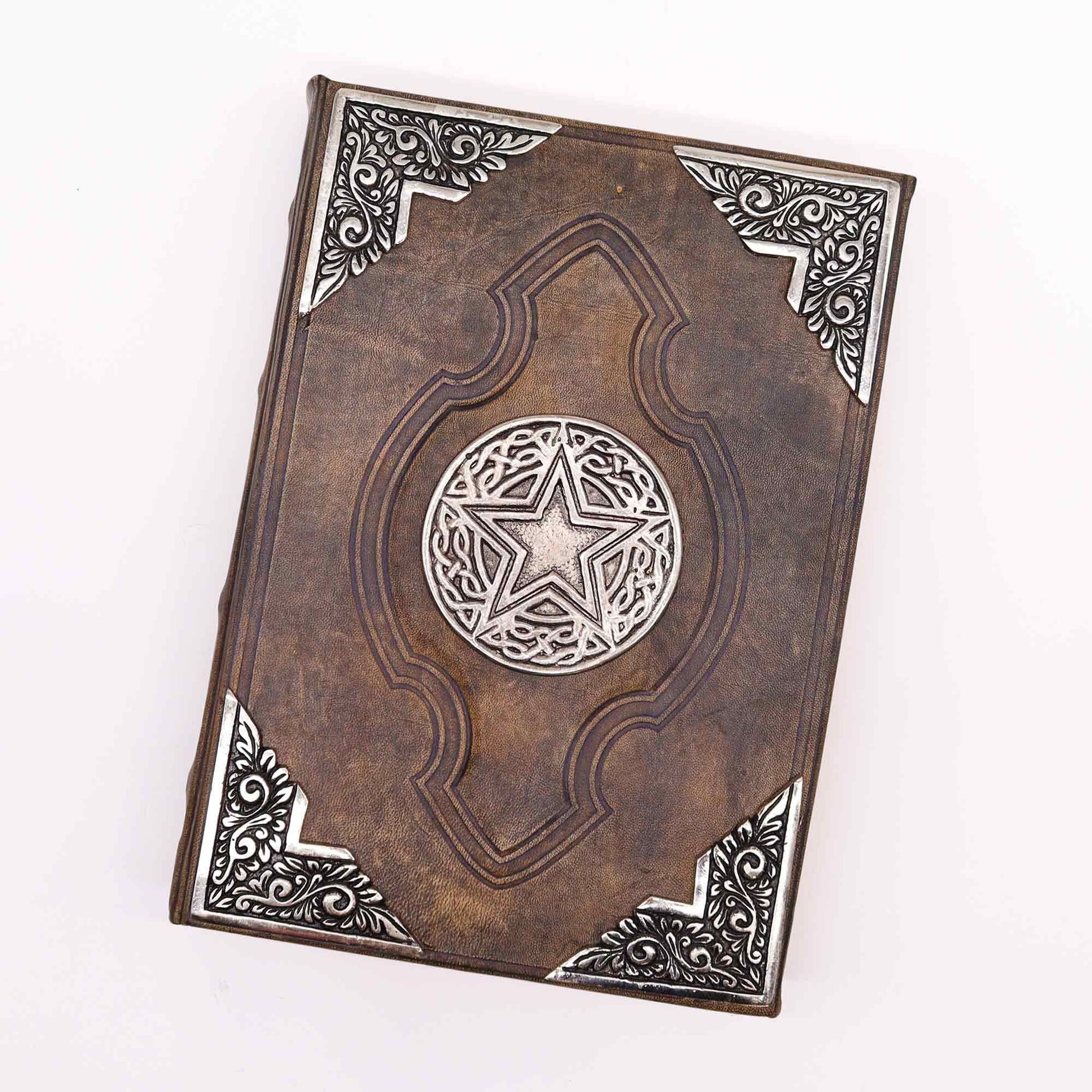 Tan Leather Notebook – Zinc Pentagon 26x18 CM with embossed tan leather cover, zinc pentagon emblem, and ornate metal corner protectors