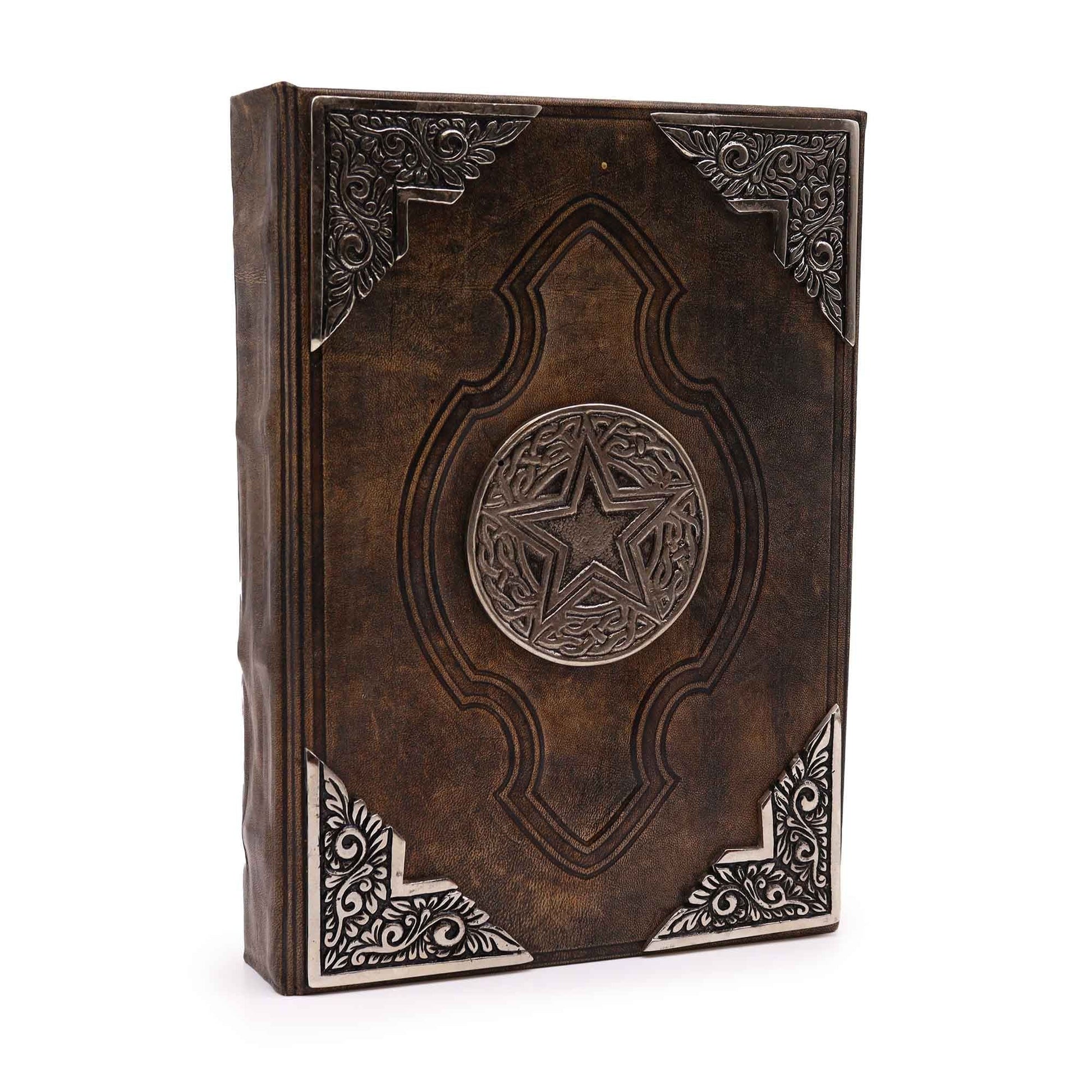 Tan Leather Notebook – Zinc Pentagon 26x18 CM tan leather journal with zinc pentagon-style star medallion and ornate metal corners