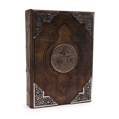 Tan Leather Notebook – Zinc Pentagon 26x18 CM tan leather journal with zinc pentagon-style star medallion and ornate metal corners