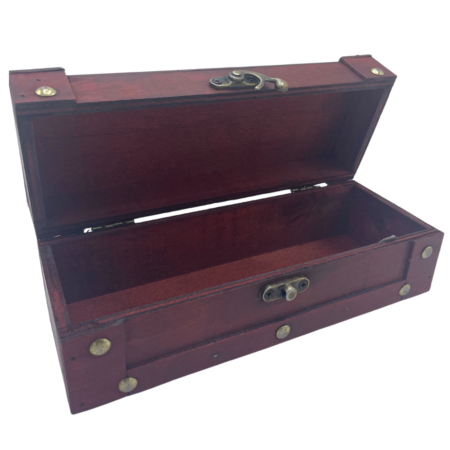 Alt Tag: Tan Long Tea Chest – 21.5x8.5x7 CM wooden tea chest with hinged lid, tan finish, metal latch and corner rivets, open view
