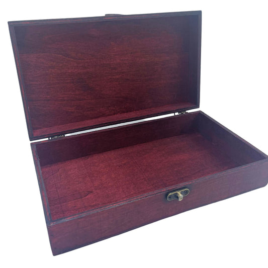 Alt Tag: Tan Tea & Gift Hamper Box – Premium Presentation open wooden gift hamper box with hinged lid and metal clasp
