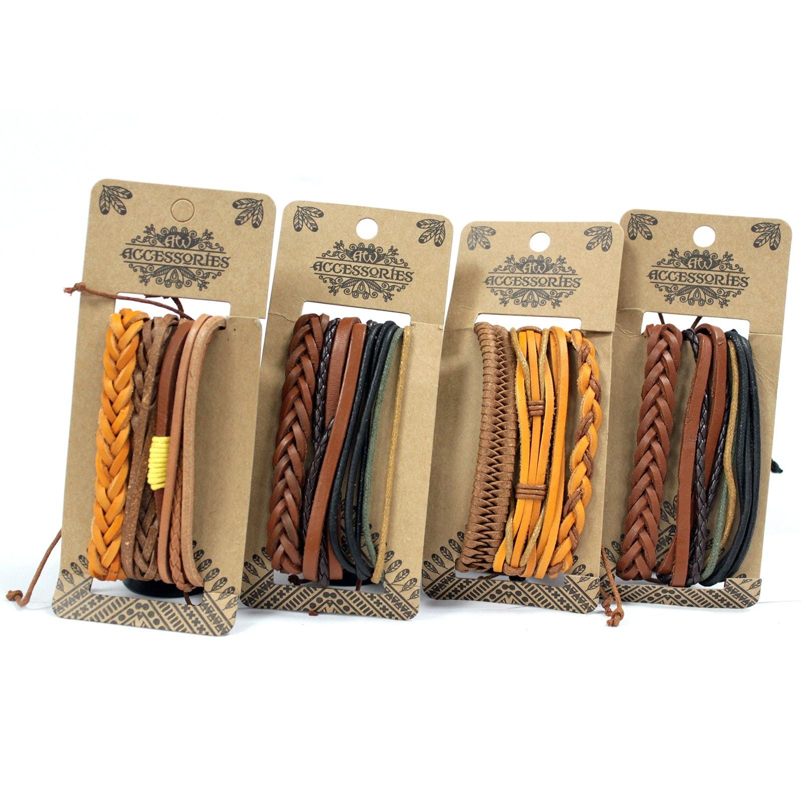 Tanned Leather & Metal Bracelet Set – Adjustable Design, set de pulseras para hombre en cuero curtido y cordones trenzados con detalles metálicos