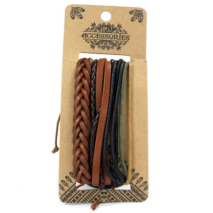 Alt Tag: Tanned Leather & Metal Bracelet Set – Adjustable Design, set de pulseras para hombre con tiras de cuero trenzado y metal