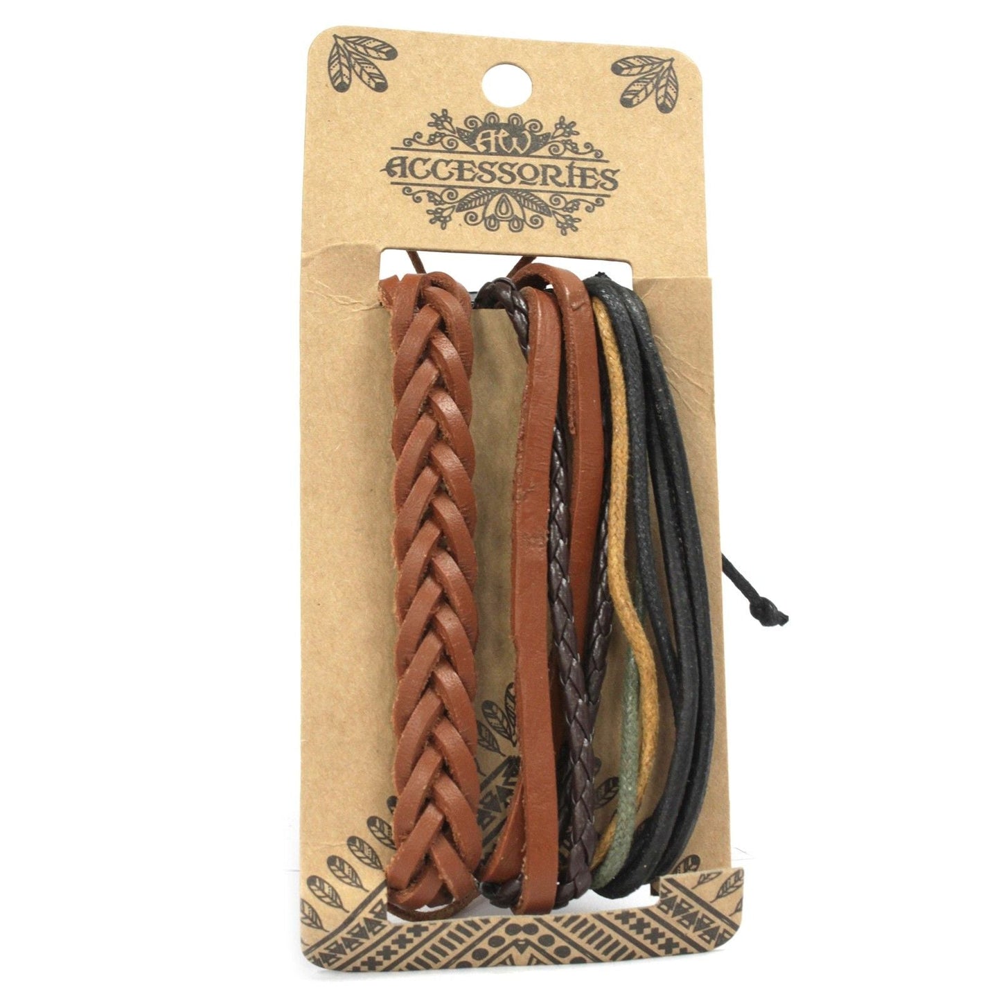 Tanned Leather & Metal Bracelet Set – Adjustable Design, set de pulseras para hombre con cuero trenzado y cordones, tonos marrón y negro