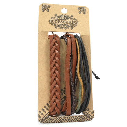 Tanned Leather & Metal Bracelet Set – Adjustable Design, set de pulseras para hombre con cuero trenzado y cordones, tonos marrón y negro