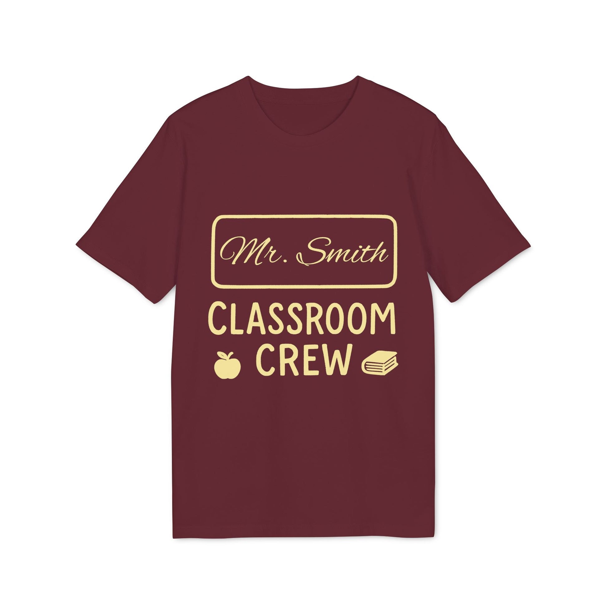Alt Tag: Teacher Personalized Gift Teacher Premium Unisex T-Shirt burgundy tee with “Mr. Smith Classroom Crew” text, apple and book icons