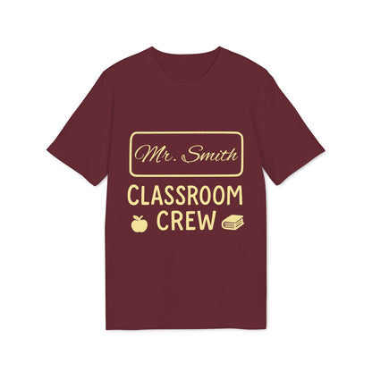 Alt Tag: Teacher Personalized Gift Teacher Premium Unisex T-Shirt burgundy tee with “Mr. Smith Classroom Crew” text, apple and book icons