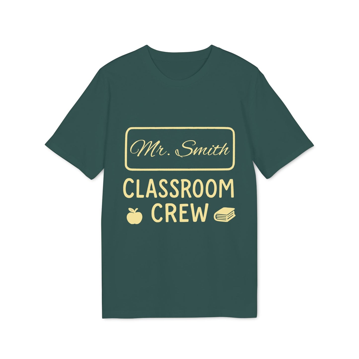 Alt Tag: Teacher Personalized Gift Teacher Premium Unisex T-Shirt green tee with "Mr. Smith Classroom Crew" text, apple and book icons