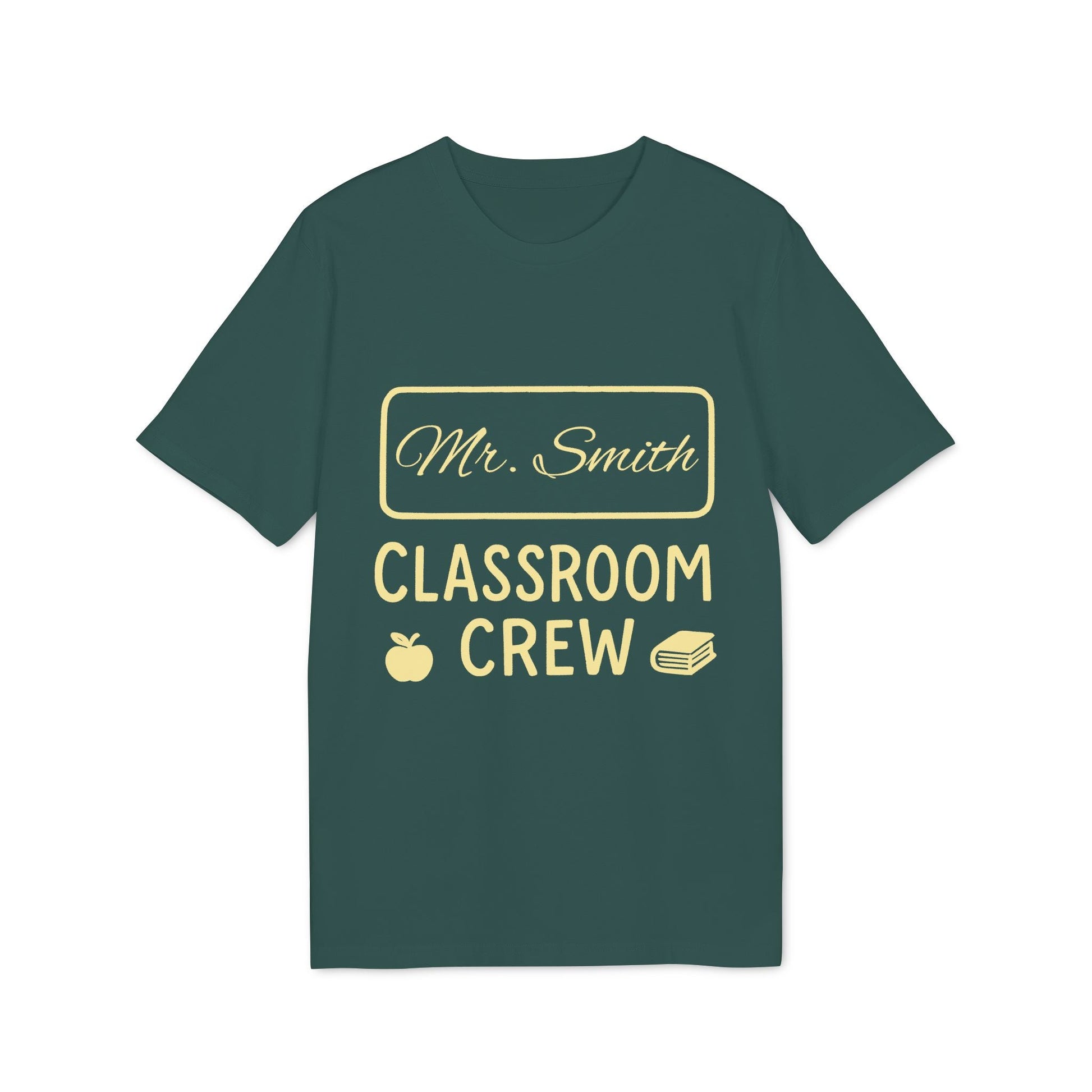 Alt Tag: Teacher Personalized Gift Teacher Premium Unisex T-Shirt green tee with "Mr. Smith Classroom Crew" text, apple and book icons