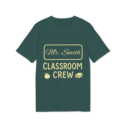 Alt Tag: Teacher Personalized Gift Teacher Premium Unisex T-Shirt green tee with "Mr. Smith Classroom Crew" text, apple and book icons