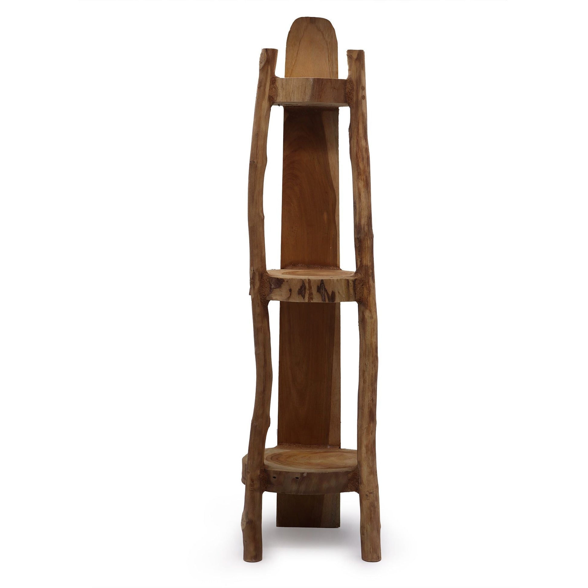 Alt Tag: Teak Wood Display Unit – 90CM Corner Shelves, vertical teak corner display with 3 shelves, natural wood finish