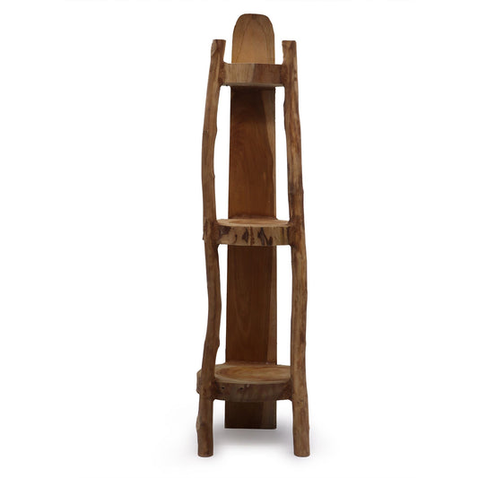 Alt Tag: Teak Wood Display Unit – 90CM Corner Shelves, vertical teak corner display with 3 shelves, natural wood finish