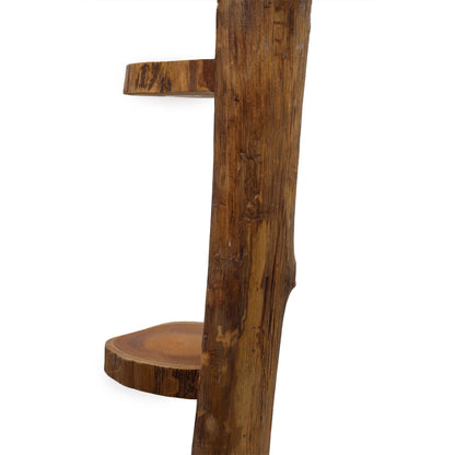Teak Wood Display – 3 Shelves, 100CM, rustic teak wood vertical stand with three shelves, side view on white background