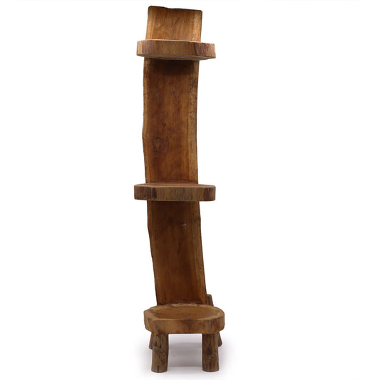 Teak Wood Display – 3 Shelves, 100CM rustic teak wood vertical display stand with three shelves on white background