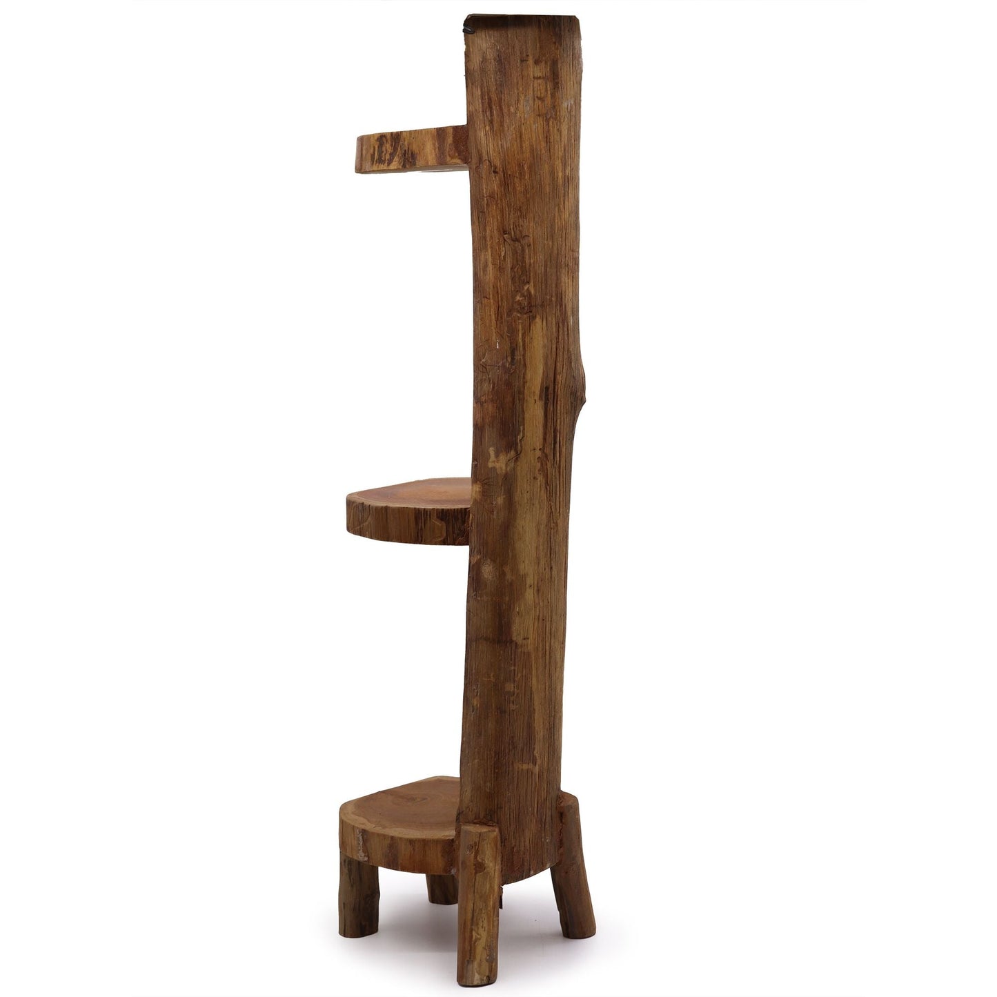 Teak Wood Display – 3 Shelves, 100CM rustic teak wood standing display shelf with three tiers, side view