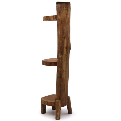 Teak Wood Display – 3 Shelves, 100CM rustic teak wood standing display shelf with three tiers, side view