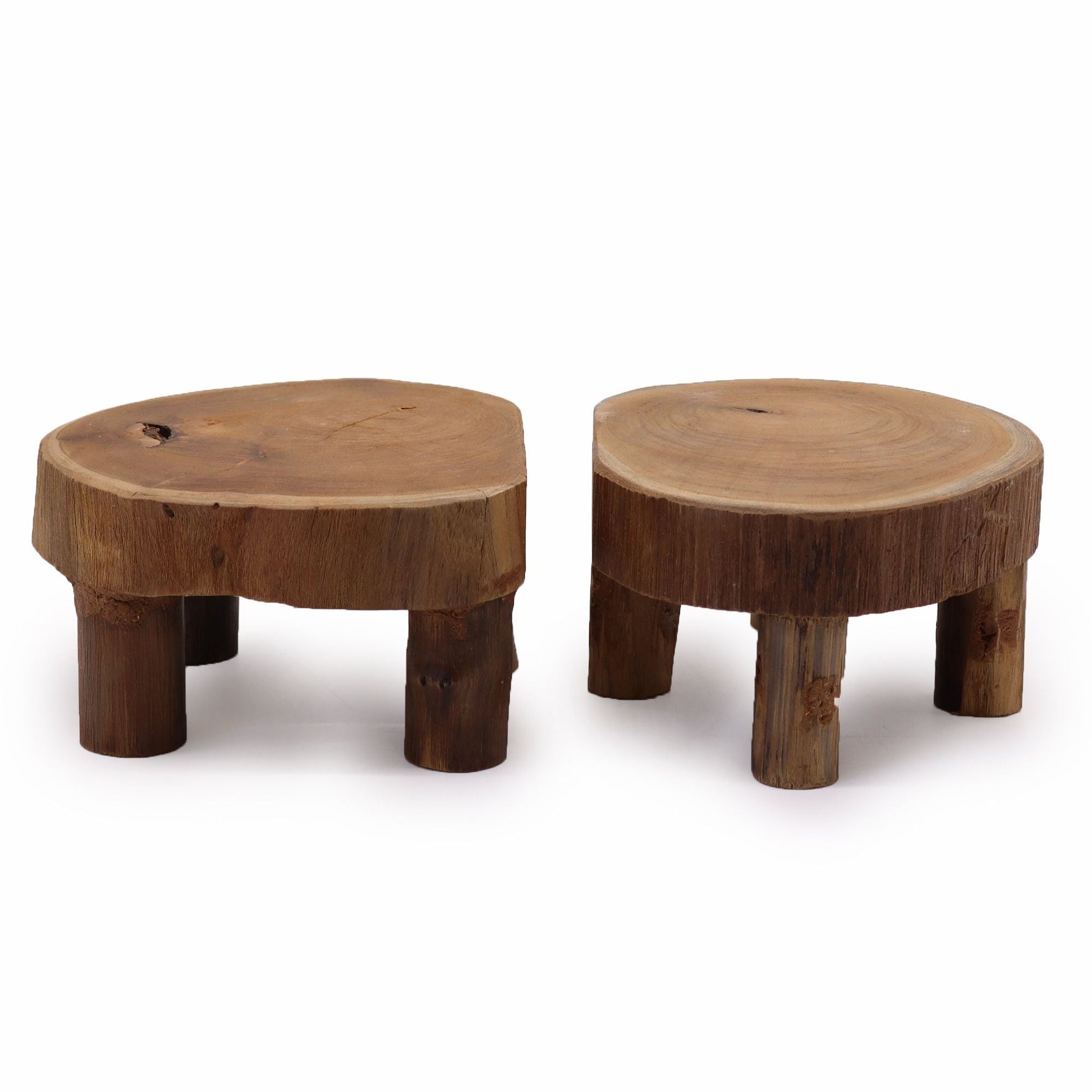 Alt Tag: Teak Wood Display Set – 24x10 CM, two round natural teak risers with short legs for countertop product display