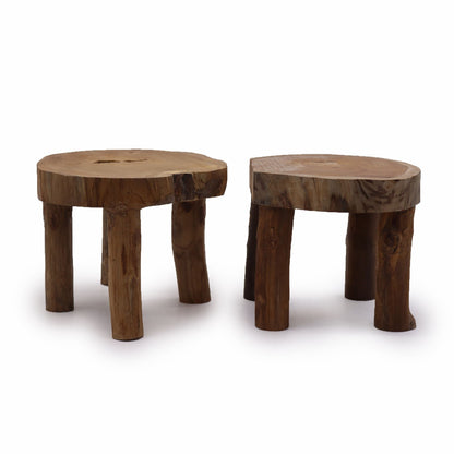Teak Wood Display Set – 27x20 CM, set of 2 natural teak wood display stands with round slab tops and sturdy legs