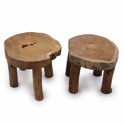 Teak Wood Display Set – 27x20 CM natural teak wood display stands, rustic slice-top decor risers with sturdy legs, set of 2