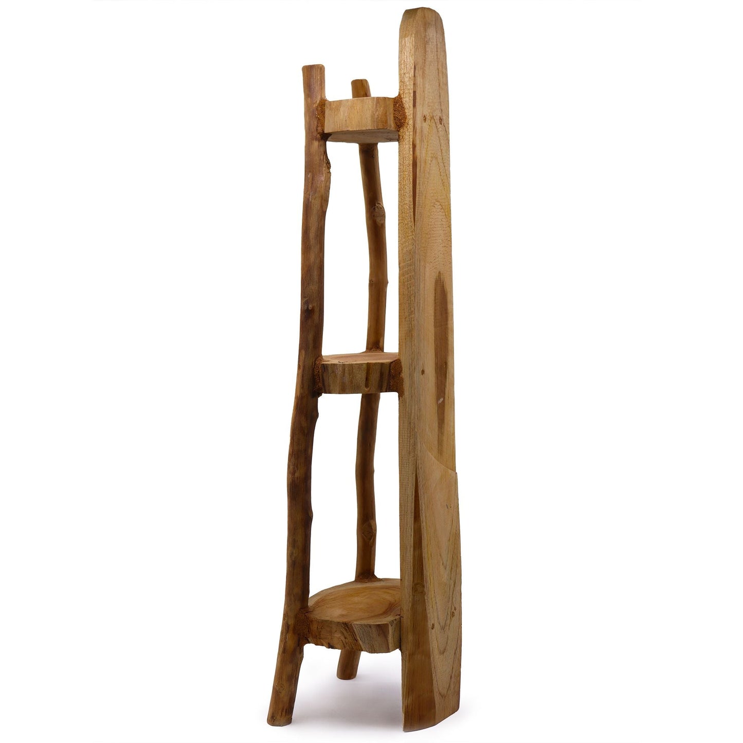 Alt Tag: Teak Wood Display Unit – 90CM Corner Shelves, estantería esquinera de teca con 3 repisas, vista lateral