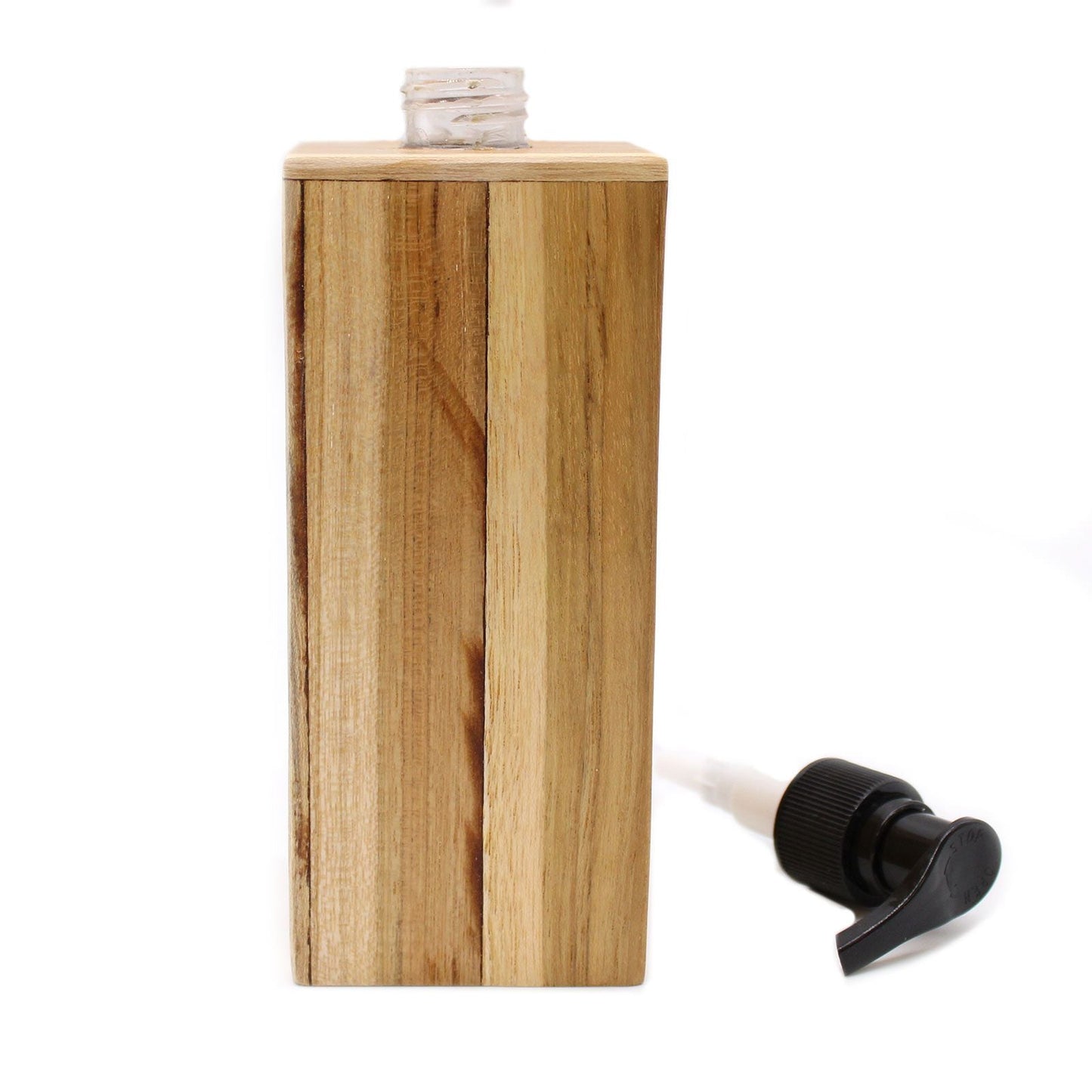 Alt Tag: Teakwood Soap Dispenser – Square 21x7.5x7 CM, natural teak wood square bottle with black pump for kitchen or bathroom sink