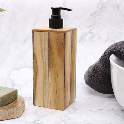 Teakwood Soap Dispenser – Square 21x7.5x7 CM, dispensador de jabón líquido de madera de teca con bomba negra en baño