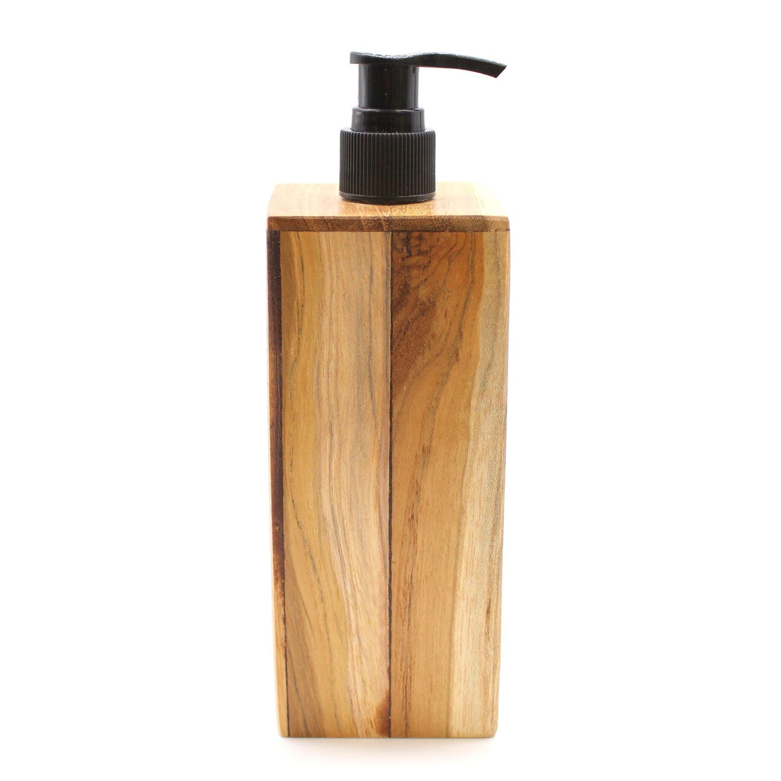 Teakwood Soap Dispenser – Square 21x7.5x7 CM, handcrafted natural teak wood square bottle with black pump for kitchen or bathroom sink