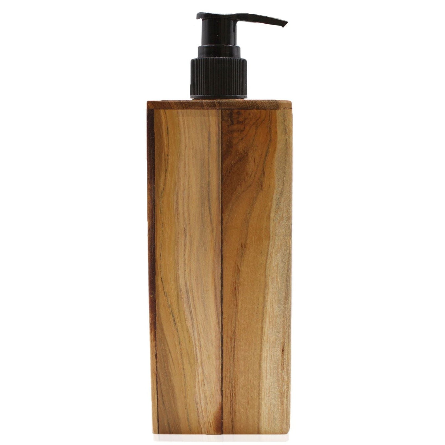 Alt Tag: Teakwood Soap Dispenser – Square 21x7.5x7 CM, handcrafted teak wood square dispenser with black pump for kitchen or bathroom