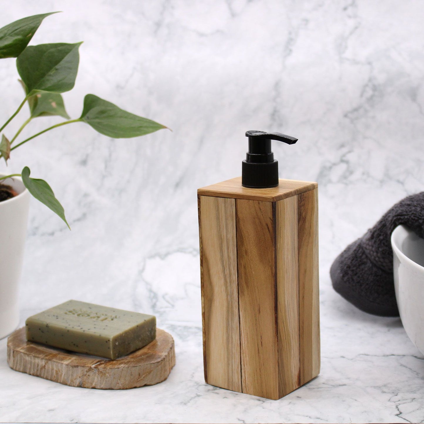 Alt Tag: Teakwood Soap Dispenser – Square 21x7.5x7 CM on bathroom sink, handcrafted teak wood square bottle with black pump