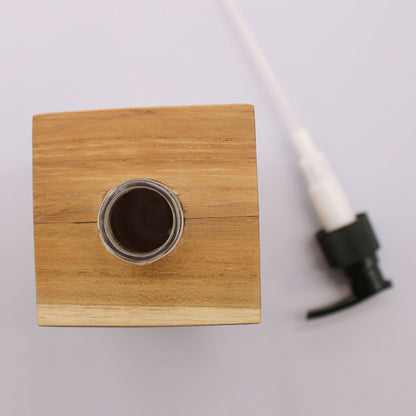 Teakwood Soap Dispenser – Square 21x7.5x7 CM top view, square teak wood bottle with pump and refill opening