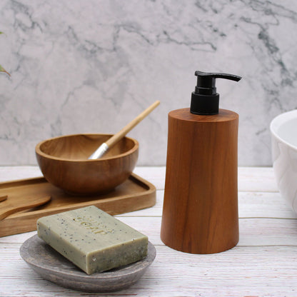 Teakwood Soap Dispenser – Taper Design on bathroom countertop with black pump, wooden accessories and bar soap
