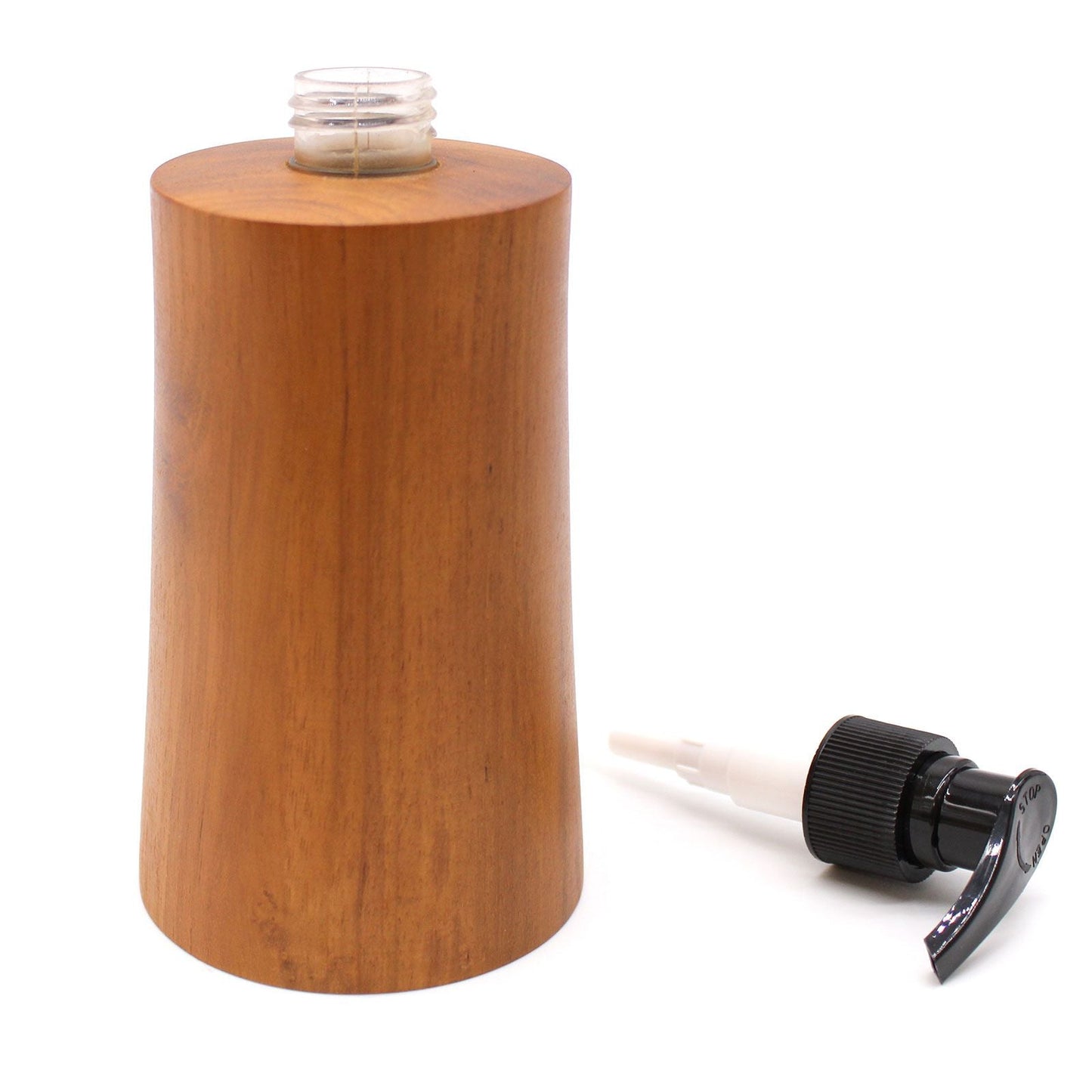 Teakwood Soap Dispenser – Taper Design, wooden tapered bottle with pump top removed, countertop bathroom or kitchen accessory