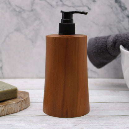Teakwood Soap Dispenser – Taper Design on bathroom countertop, teak wood taper bottle with black pump dispenser