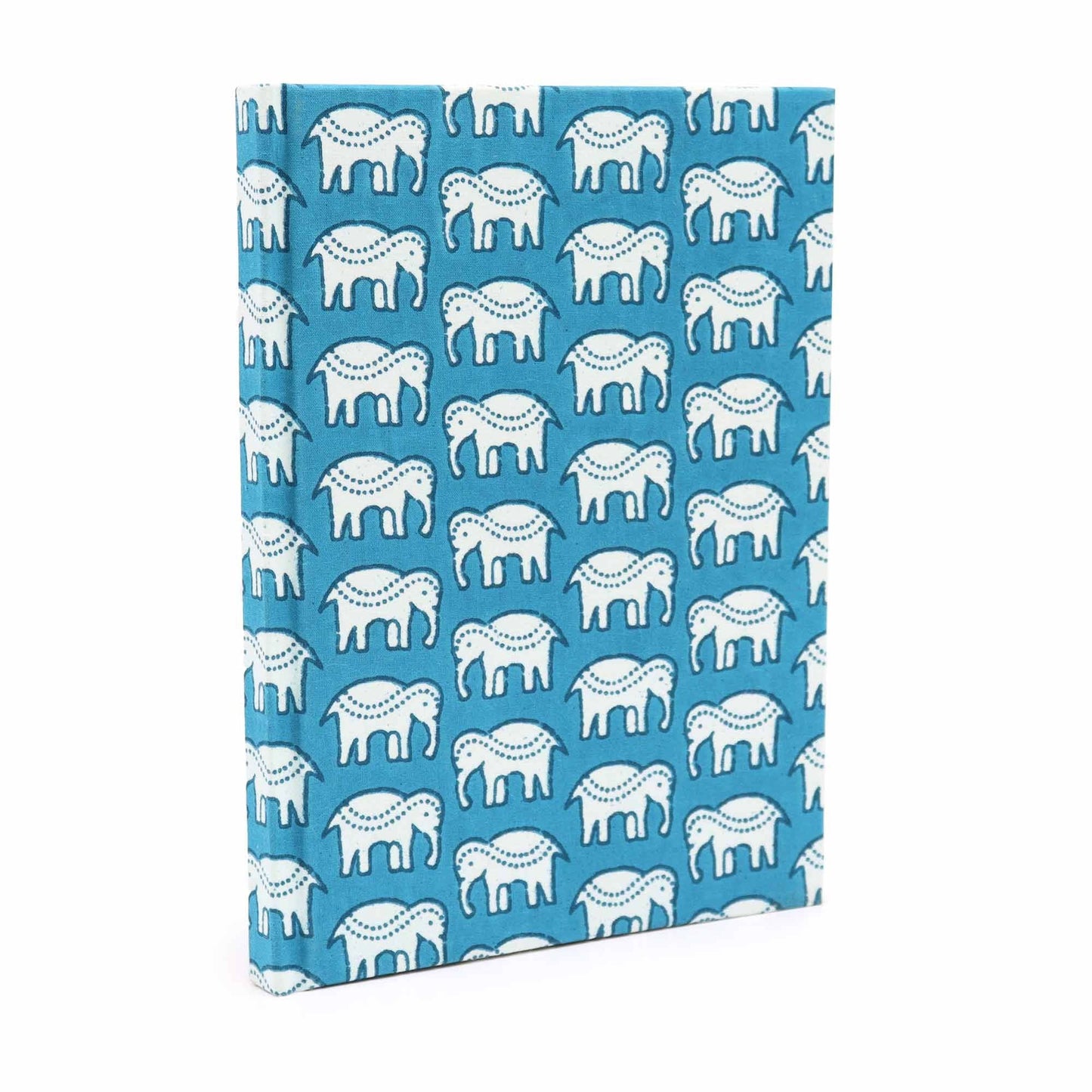 Alt Tag: Teal Elephants Cotton Notebook – 20x15 CM with blue cotton cover and white elephant pattern, 96-page handmade paper notebook
