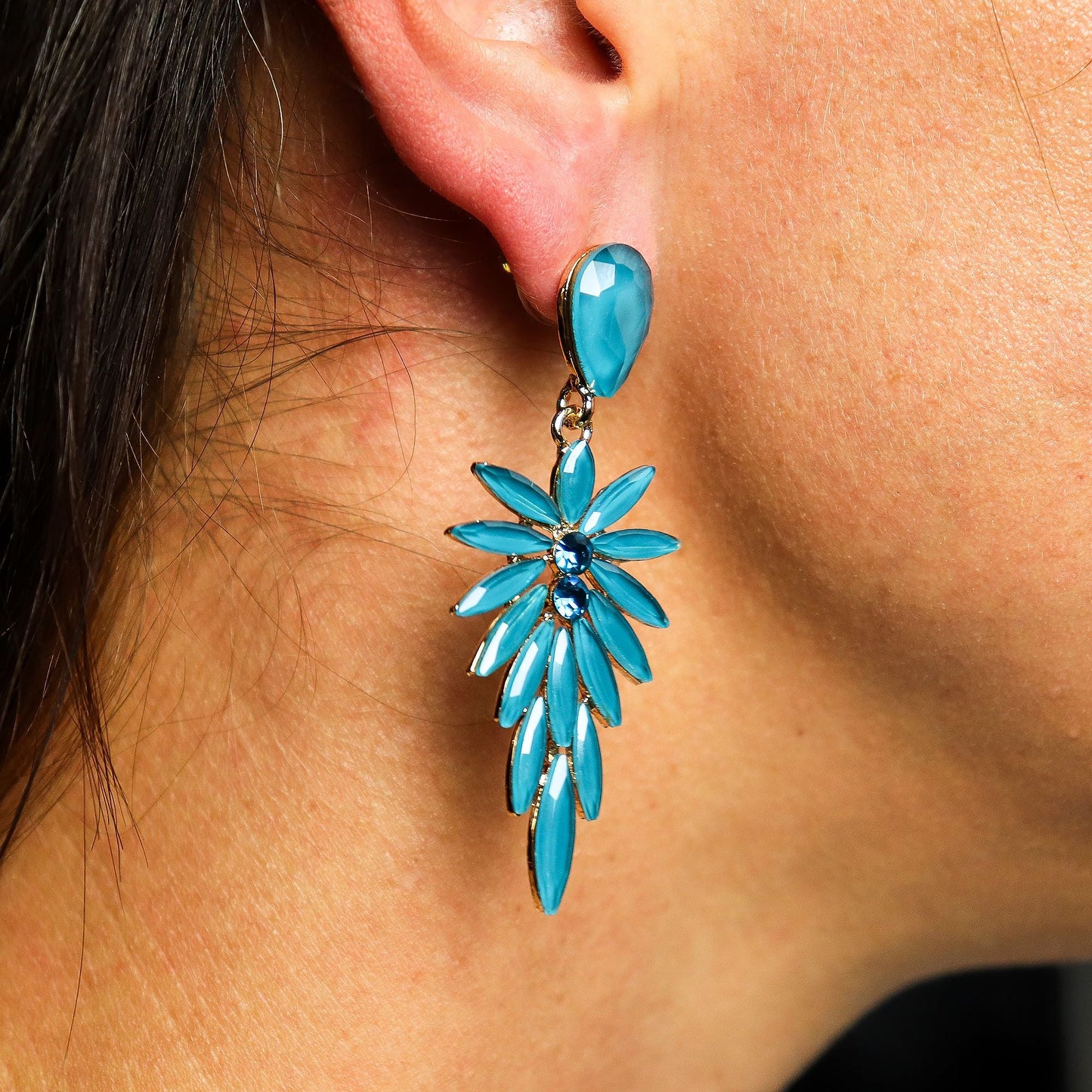 Teal Green Vintage Glass Long Drop Earrings – Inspired by Dryads worn on ear, deep teal green vintage-style glass floral long drop dangle
