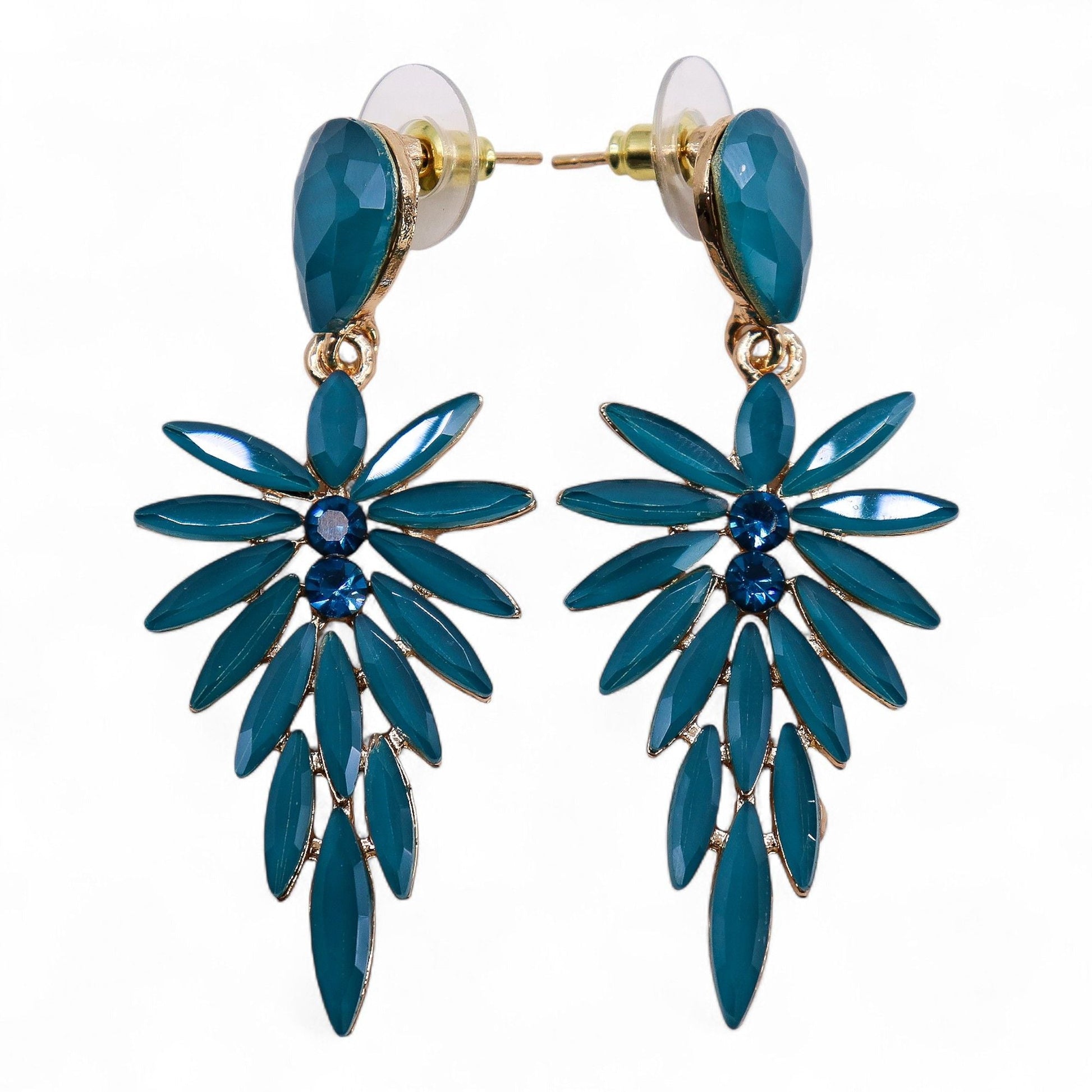 Teal Green Vintage Glass Long Drop Earrings – Inspired by Dryads, teal vintage-style glass drop earrings with gold-tone settings