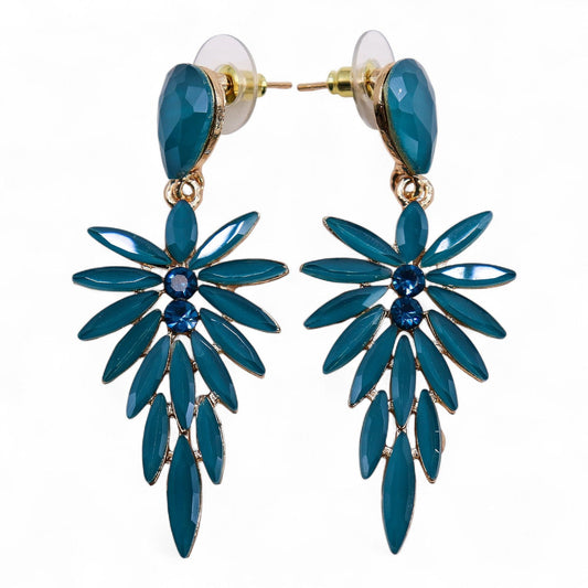 Teal Green Vintage Glass Long Drop Earrings – Inspired by Dryads, teal vintage-style glass drop earrings with gold-tone settings