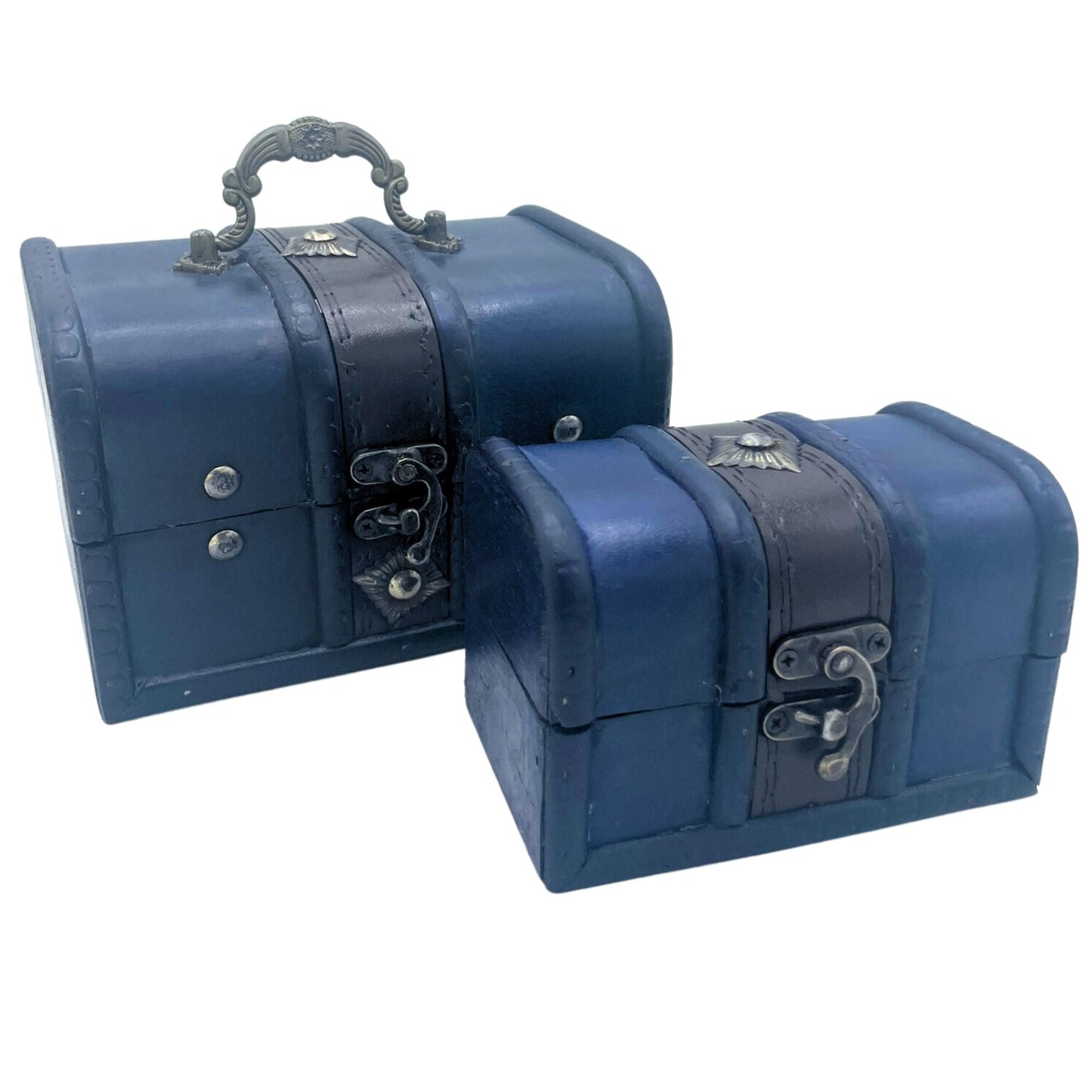 Alt Tag: Teal MDF & Metal Vintage Style Boxes – Set of 2, vintage treasure chest boxes with metal handle and clasps, teal finish